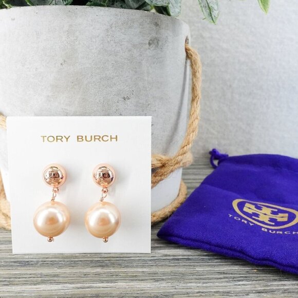 Tory Burch Crystal Pearl Drop Earrings Pink/Rose Gold OS - Picture 12 of 14